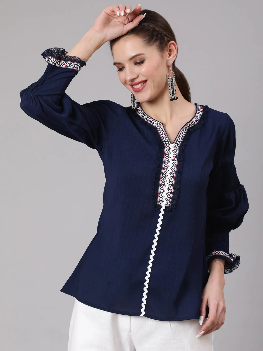 A Blue Poly Silk Lace Embellished Top With Smocked Sleeves With Wide-Leg White Pants