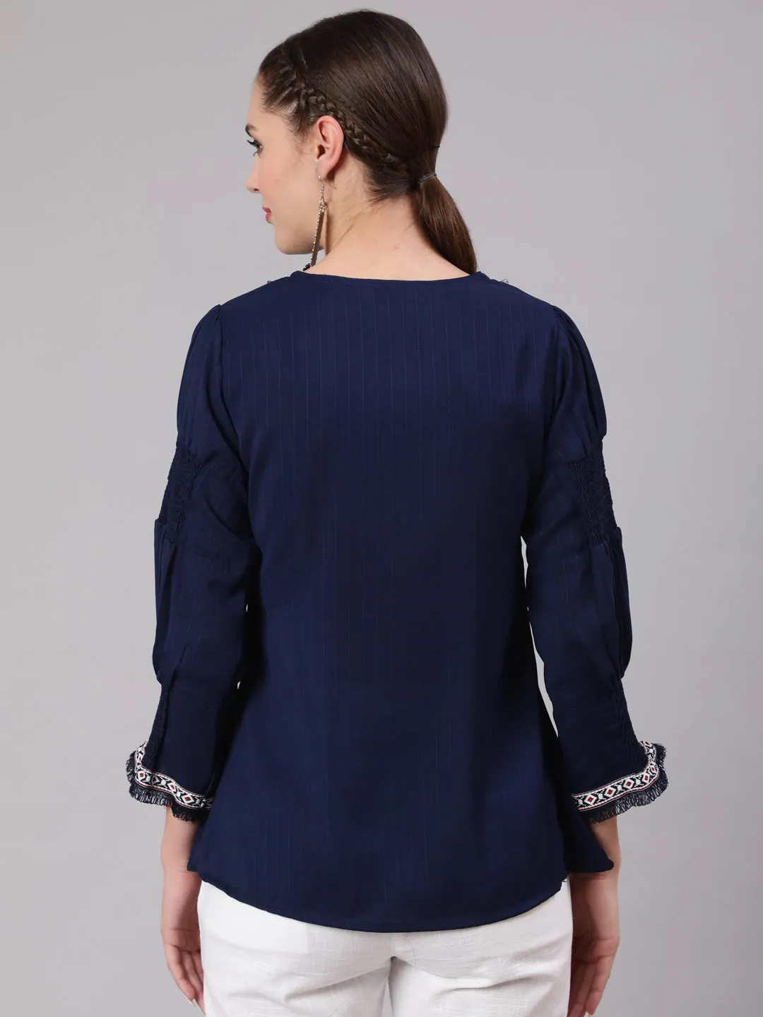 A Blue Poly Silk Lace Embellished Top With Smocked Sleeves With Wide-Leg White Pants
