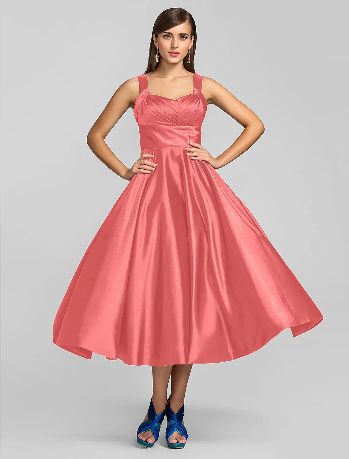 A-Line Minimalist Dress Wedding Guest Tea Length Sleeveless Square Neck Stretch Satin with Criss Cross