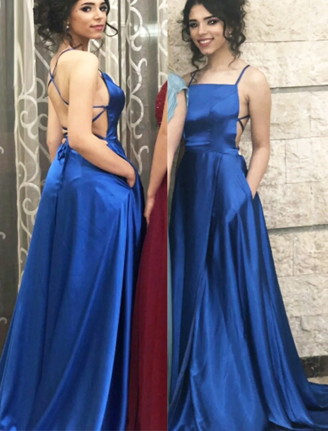A-Line Prom Dresses Minimalist Dress Party Wear Sweep / Brush Train Sleeveless Spaghetti Strap Satin with Pleats Slit