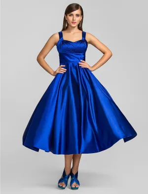 Aimishang  A-Line Minimalist Dress Wedding Guest Tea Length Sleeveless Square Neck Stretch Satin with Criss Cross
