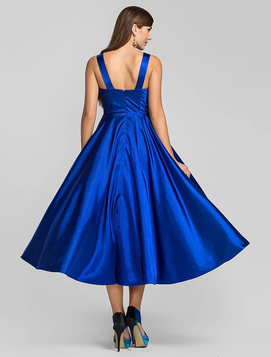 Aimishang  A-Line Minimalist Dress Wedding Guest Tea Length Sleeveless Square Neck Stretch Satin with Criss Cross