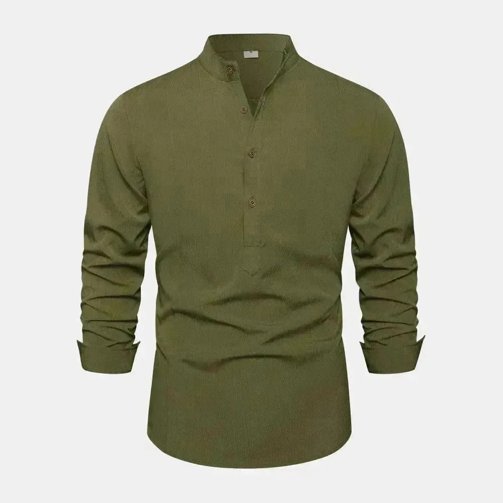 Autumn Solid Color Stand Collar Casual Long Sleeve Cotton And Linen Men's Shirt
