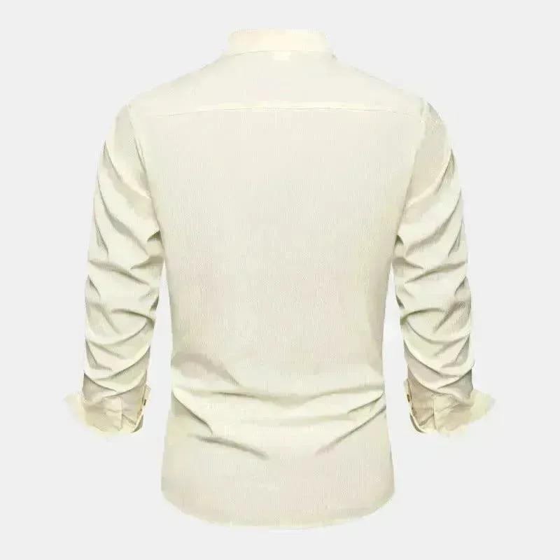 Autumn Solid Color Stand Collar Casual Long Sleeve Cotton And Linen Men's Shirt