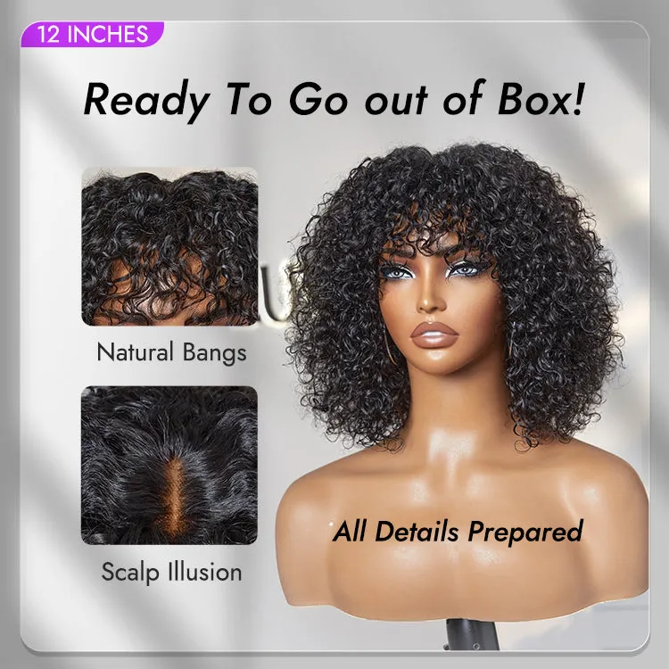 Beginner Friendly Water Wave Minimalist Lace Glueless Short Curly Wig with Bangs