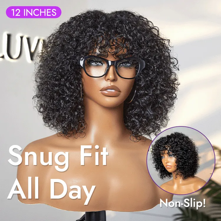 Beginner Friendly Water Wave Minimalist Lace Glueless Short Curly Wig with Bangs