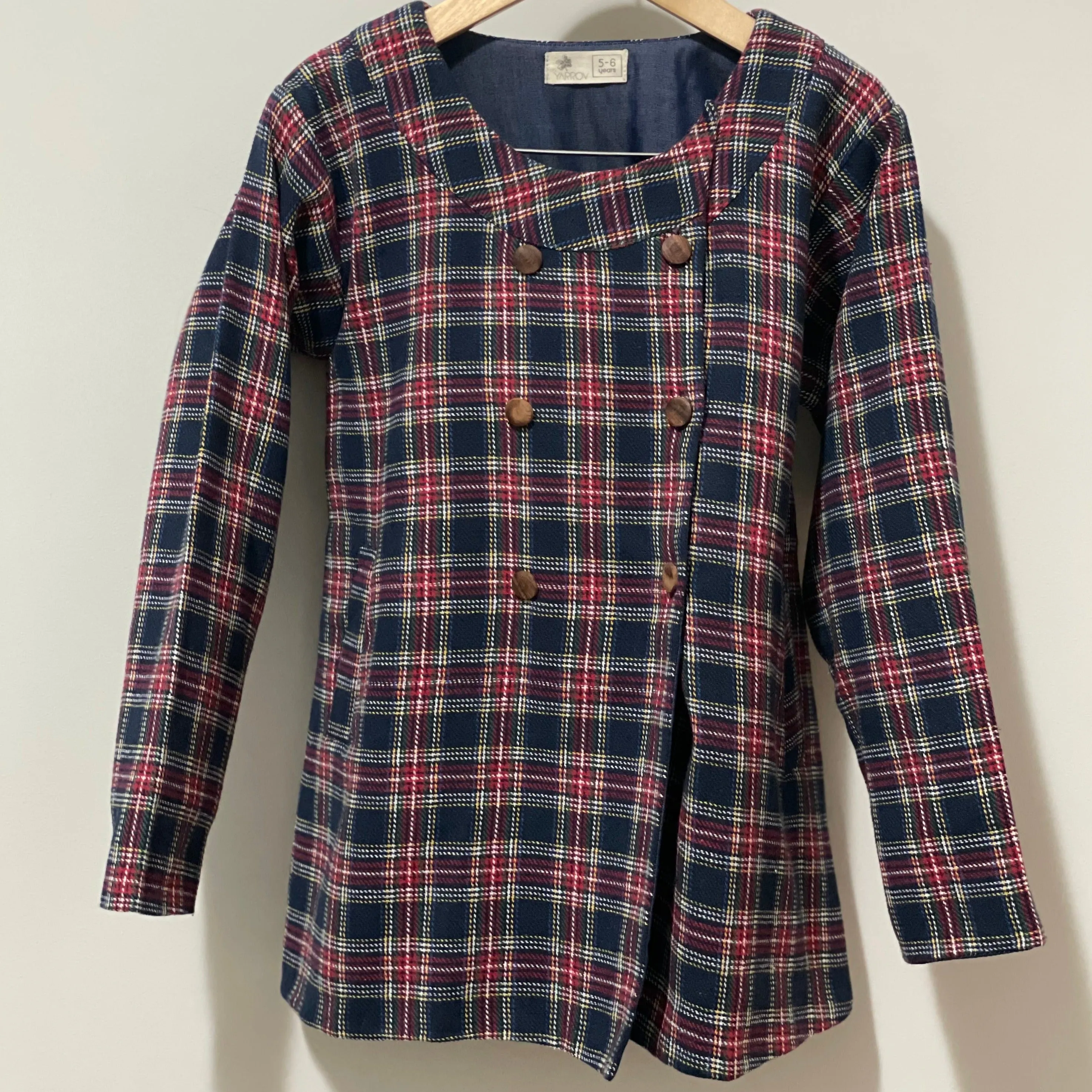 Double Breasted Plaid Overcoat with Wooden Buttons