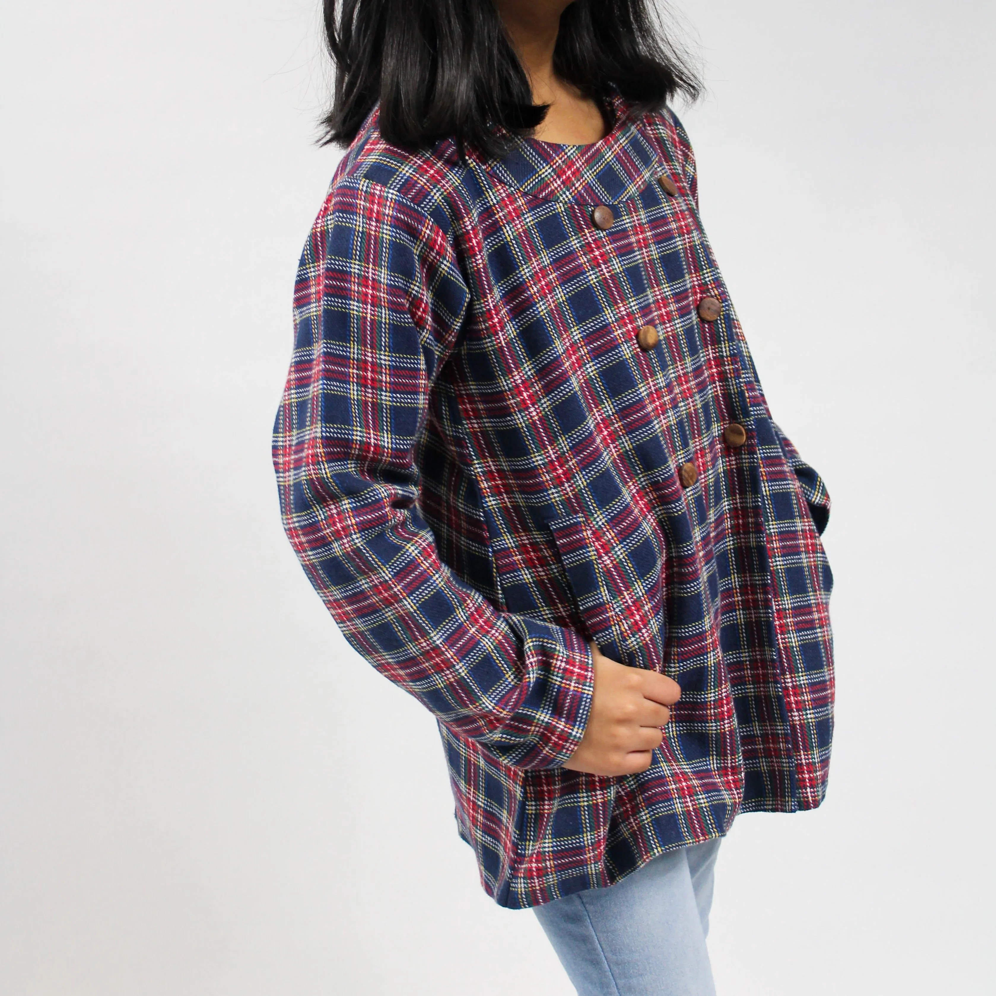 Double Breasted Plaid Overcoat with Wooden Buttons