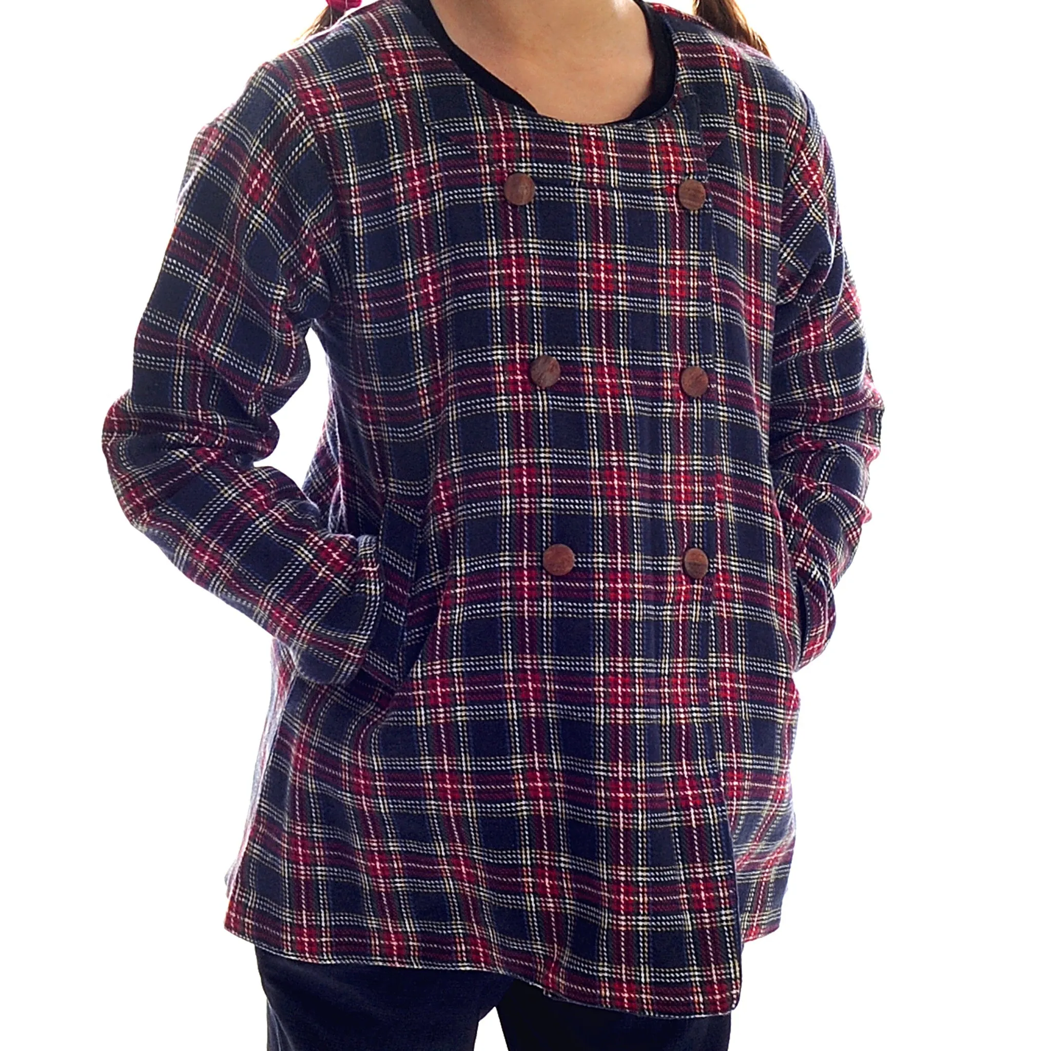 Double Breasted Plaid Overcoat with Wooden Buttons