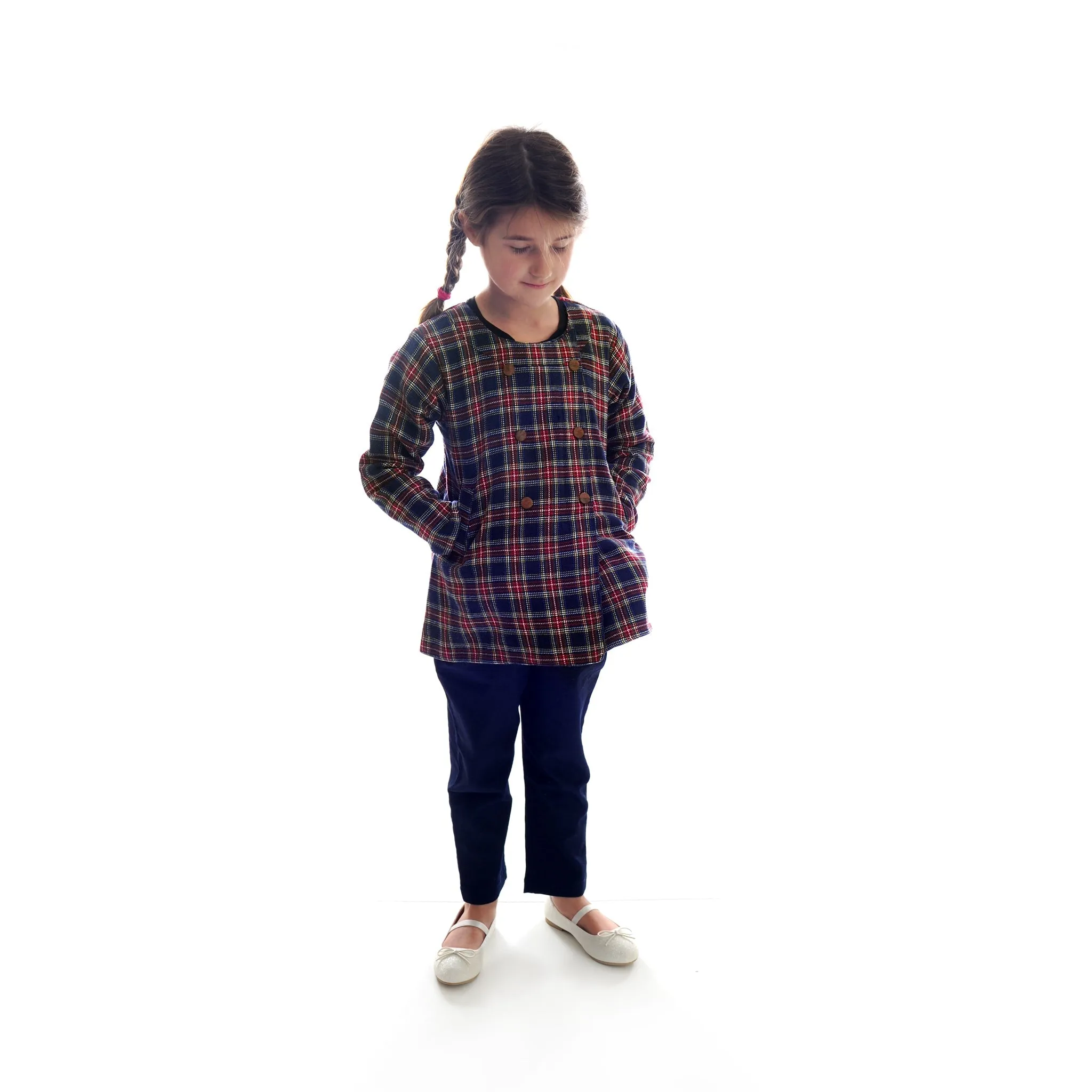 Double Breasted Plaid Overcoat with Wooden Buttons
