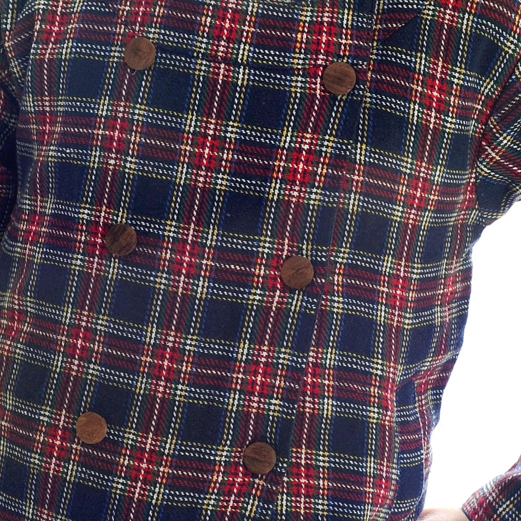 Double Breasted Plaid Overcoat with Wooden Buttons