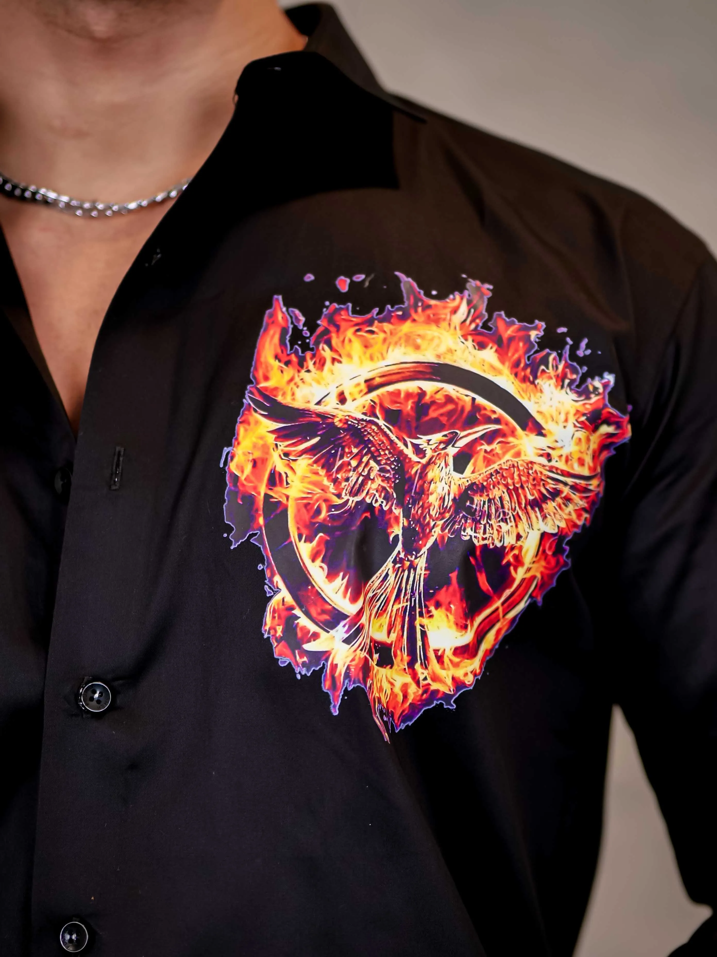 Flaming Mockingjay Black Club Wear Printed Satin Cotton Shirt