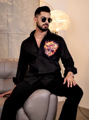 Flaming Mockingjay Black Club Wear Printed Satin Cotton Shirt