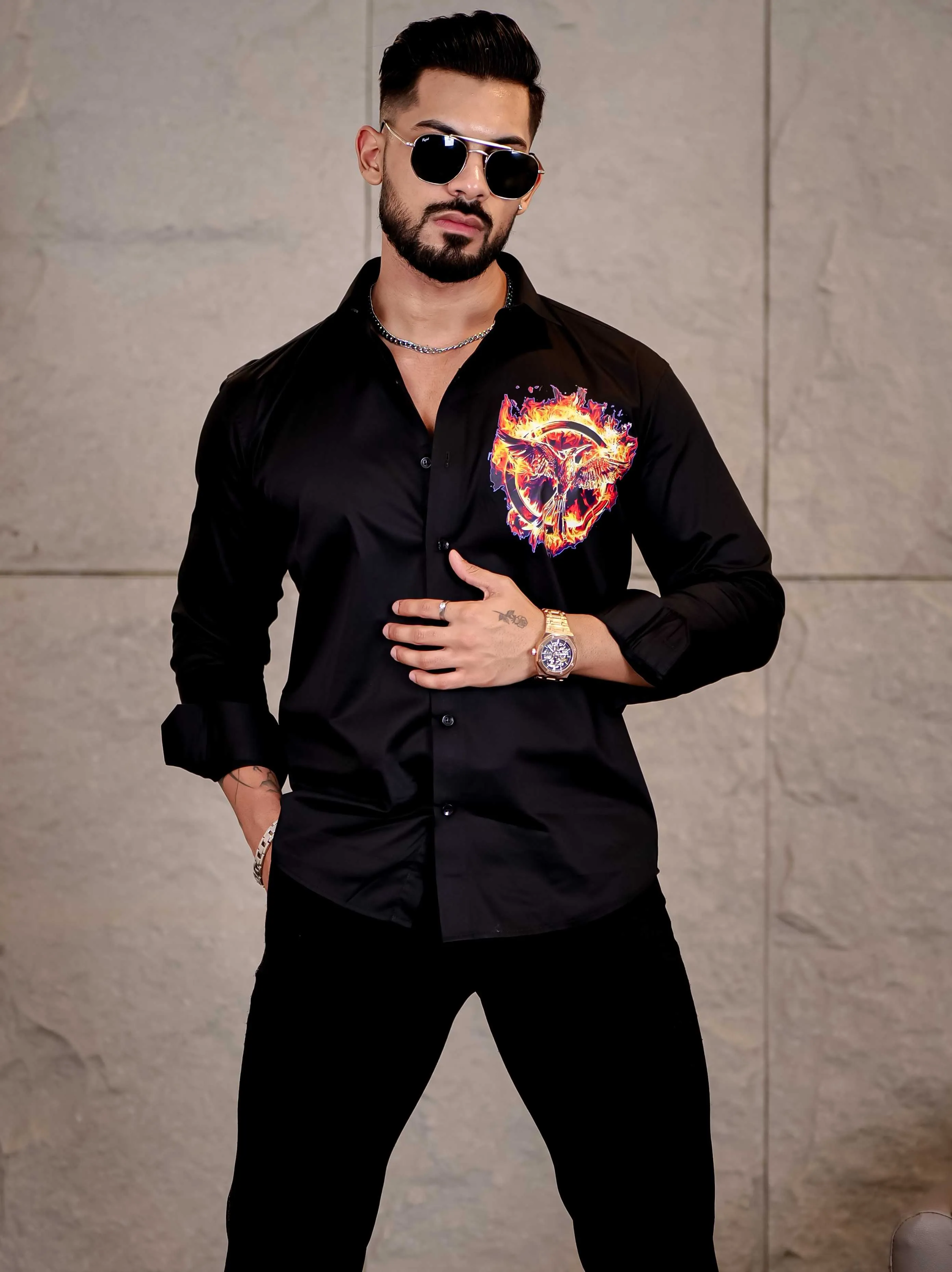 Flaming Mockingjay Black Club Wear Printed Satin Cotton Shirt
