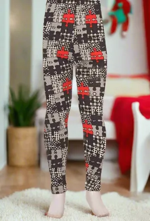 Girls Puzzle Leggings, Kids Yoga Pants, Sizes S/L, No-Roll Waist, Black/Red