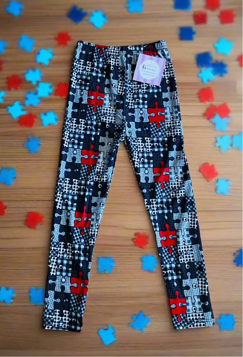 Girls Puzzle Leggings, Kids Yoga Pants, Sizes S/L, No-Roll Waist, Black/Red
