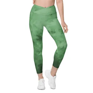 Grass Green Crossover Women's Leggings, Best Women's Crossover Leggings With Pockets For Ladies - Made in USA/EU/MX