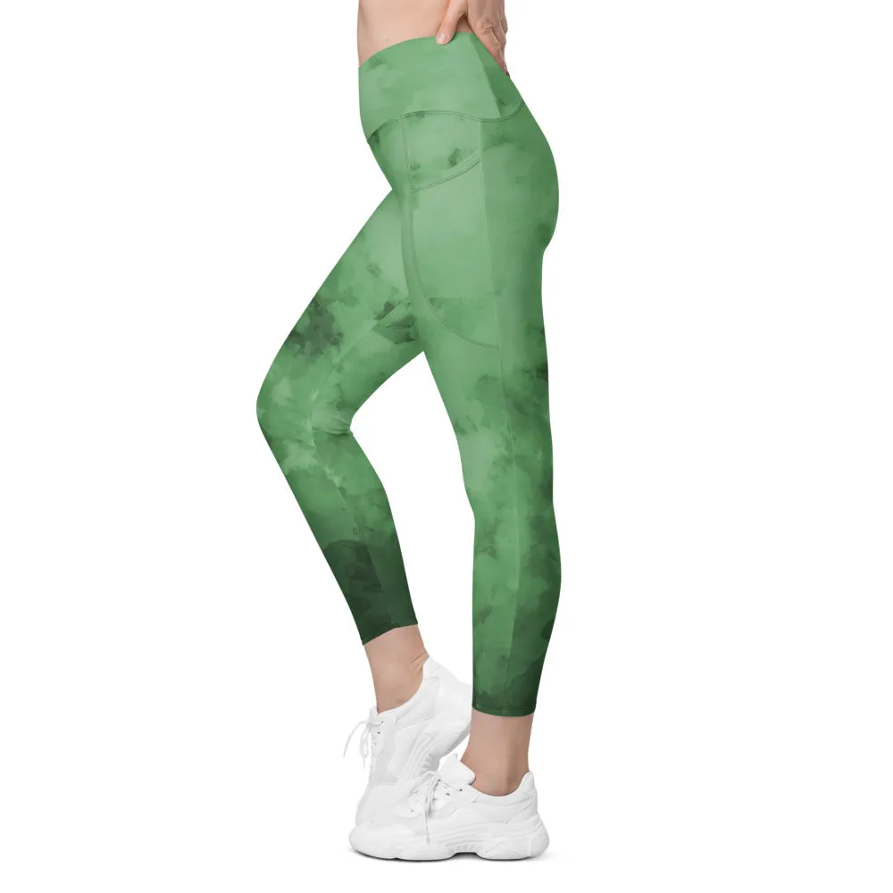 Grass Green Crossover Women's Leggings, Best Women's Crossover Leggings With Pockets For Ladies - Made in USA/EU/MX