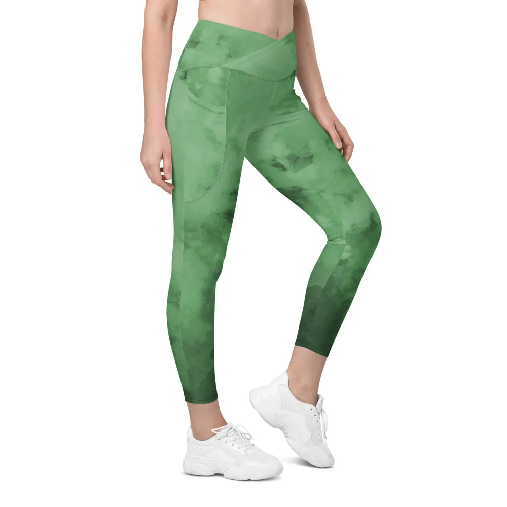 Grass Green Crossover Women's Leggings, Best Women's Crossover Leggings With Pockets For Ladies - Made in USA/EU/MX