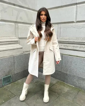 Harper Knee Length Hooded Raincoat - Beige