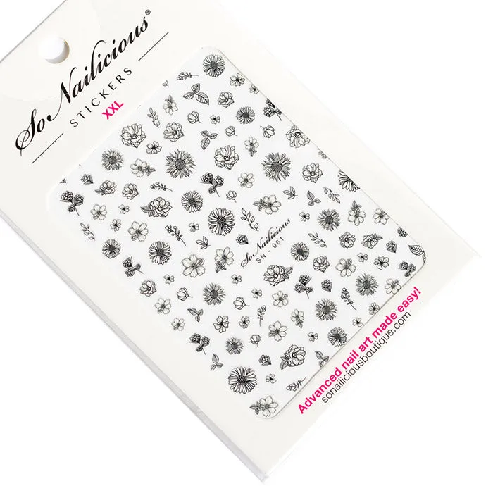 Monochrome Ink Floral Stickers - 061 XXL