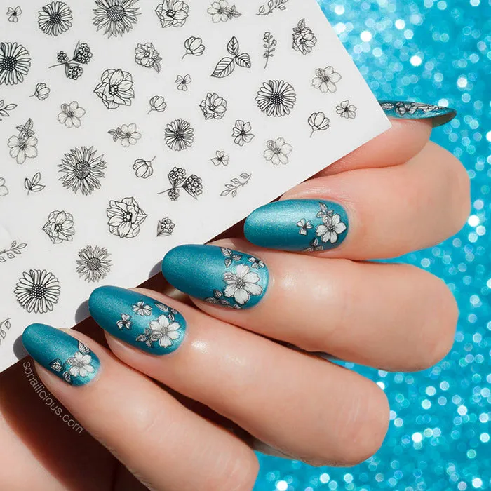 Monochrome Ink Floral Stickers - 061 XXL