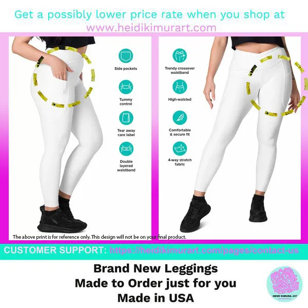 Pink Rose Women's Tights, Best Floral Roses Print Women's Crossover Leggings With Pockets For Ladies - Made in USA/EU/MX