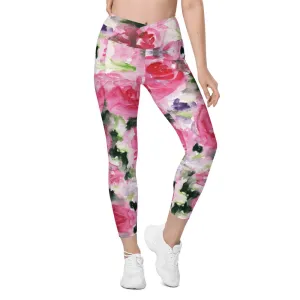Pink Rose Women's Tights, Best Floral Roses Print Women's Crossover Leggings With Pockets For Ladies - Made in USA/EU/MX