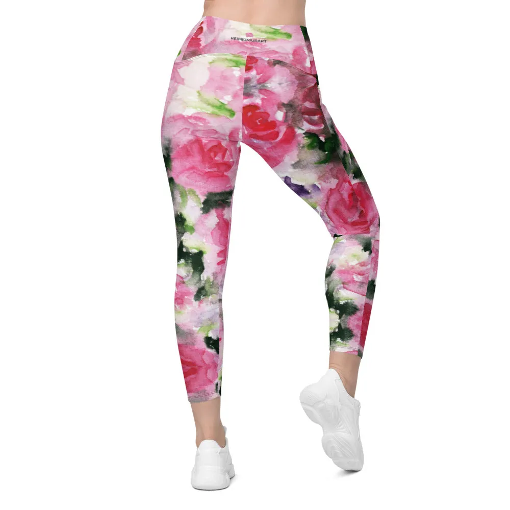 Pink Rose Women's Tights, Best Floral Roses Print Women's Crossover Leggings With Pockets For Ladies - Made in USA/EU/MX