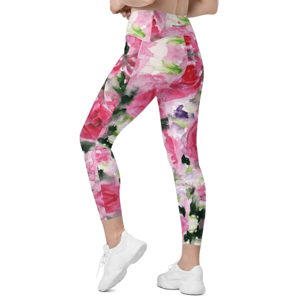 Pink Rose Women's Tights, Best Floral Roses Print Women's Crossover Leggings With Pockets For Ladies - Made in USA/EU/MX