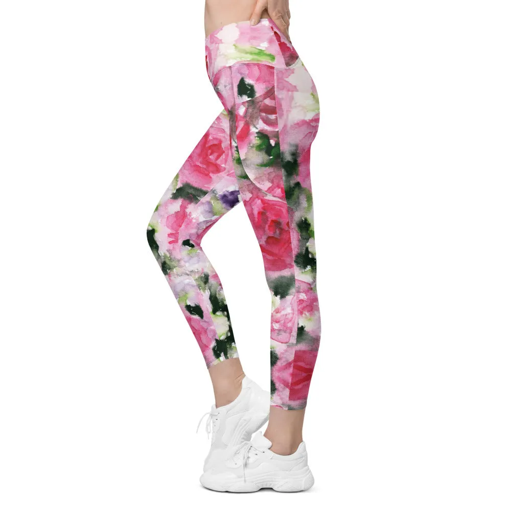Pink Rose Women's Tights, Best Floral Roses Print Women's Crossover Leggings With Pockets For Ladies - Made in USA/EU/MX