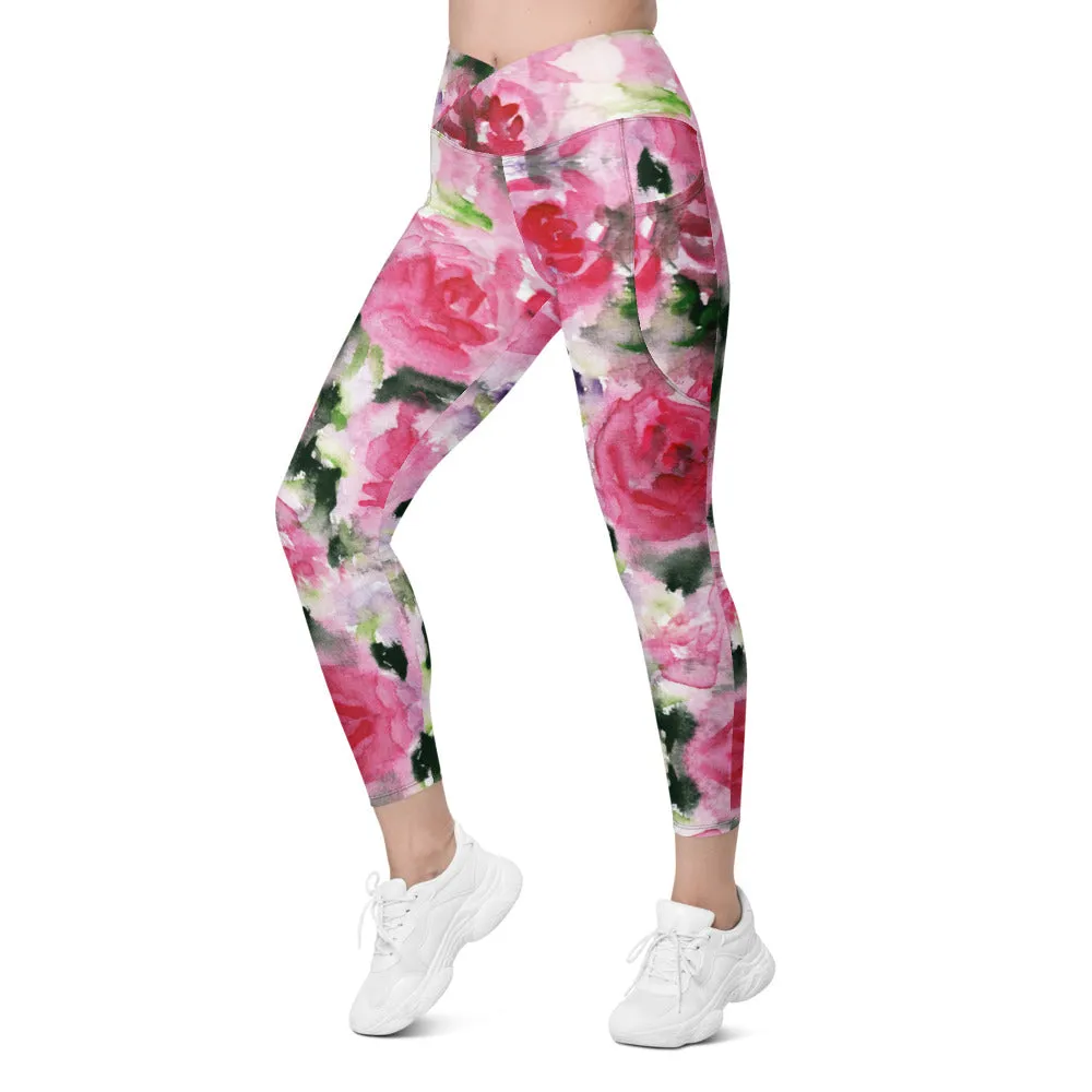 Pink Rose Women's Tights, Best Floral Roses Print Women's Crossover Leggings With Pockets For Ladies - Made in USA/EU/MX