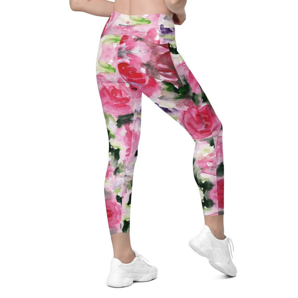 Pink Rose Women's Tights, Best Floral Roses Print Women's Crossover Leggings With Pockets For Ladies - Made in USA/EU/MX