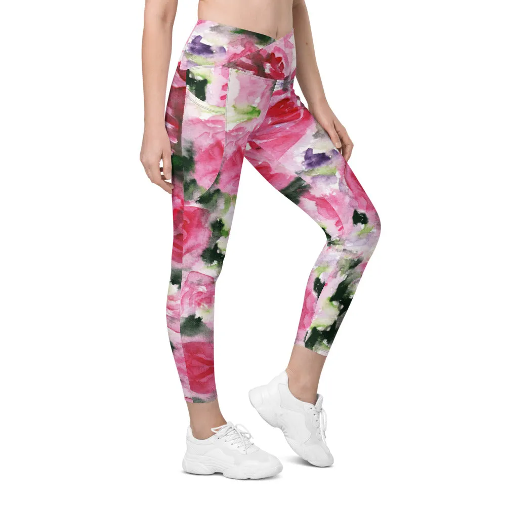 Pink Rose Women's Tights, Best Floral Roses Print Women's Crossover Leggings With Pockets For Ladies - Made in USA/EU/MX