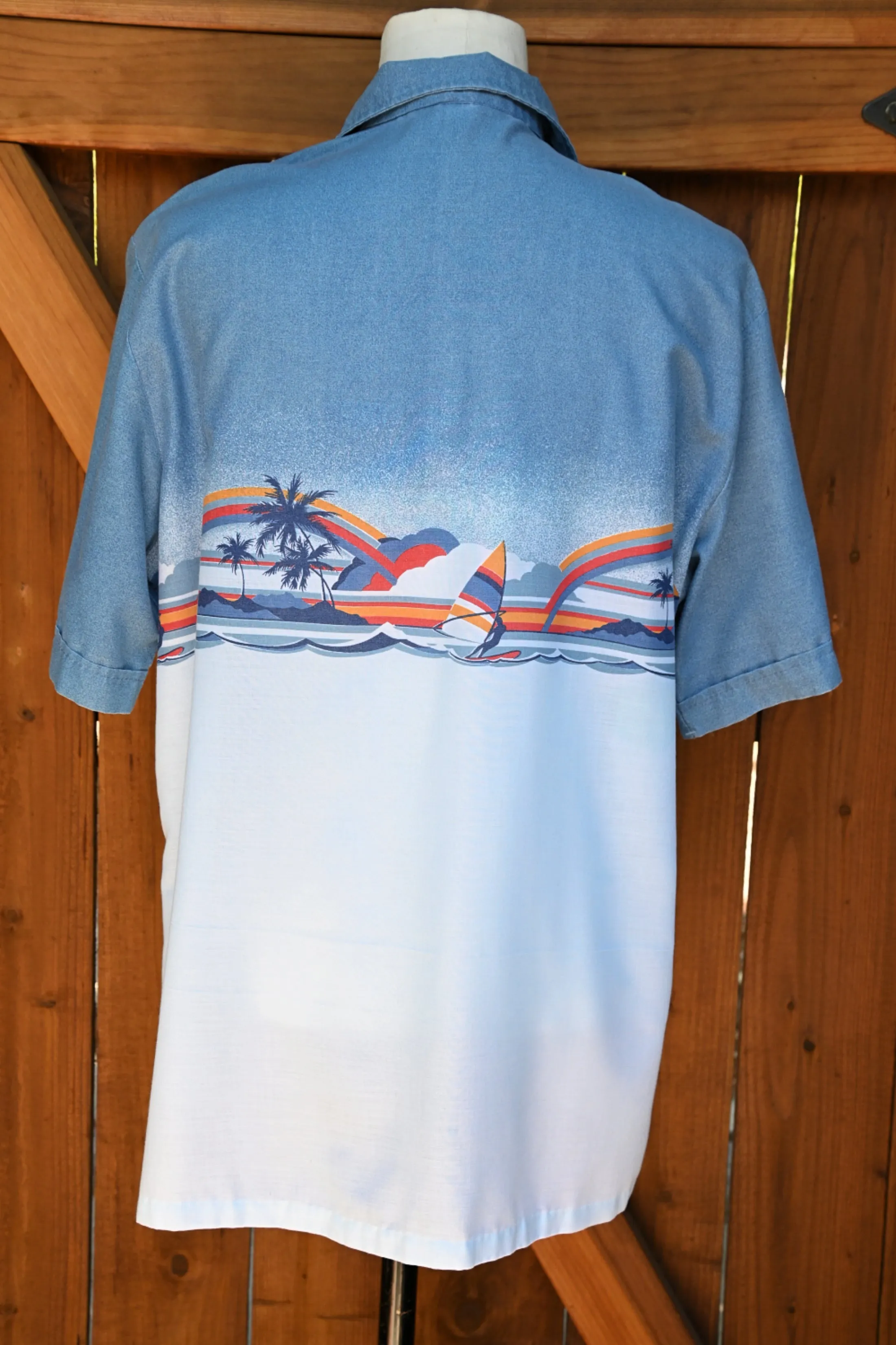PJ Hawaii Vintage 70s Silhouette Aloha Shirt, Surfing Sailing Rainbows, Pictorial Hawaiian Shirt XL