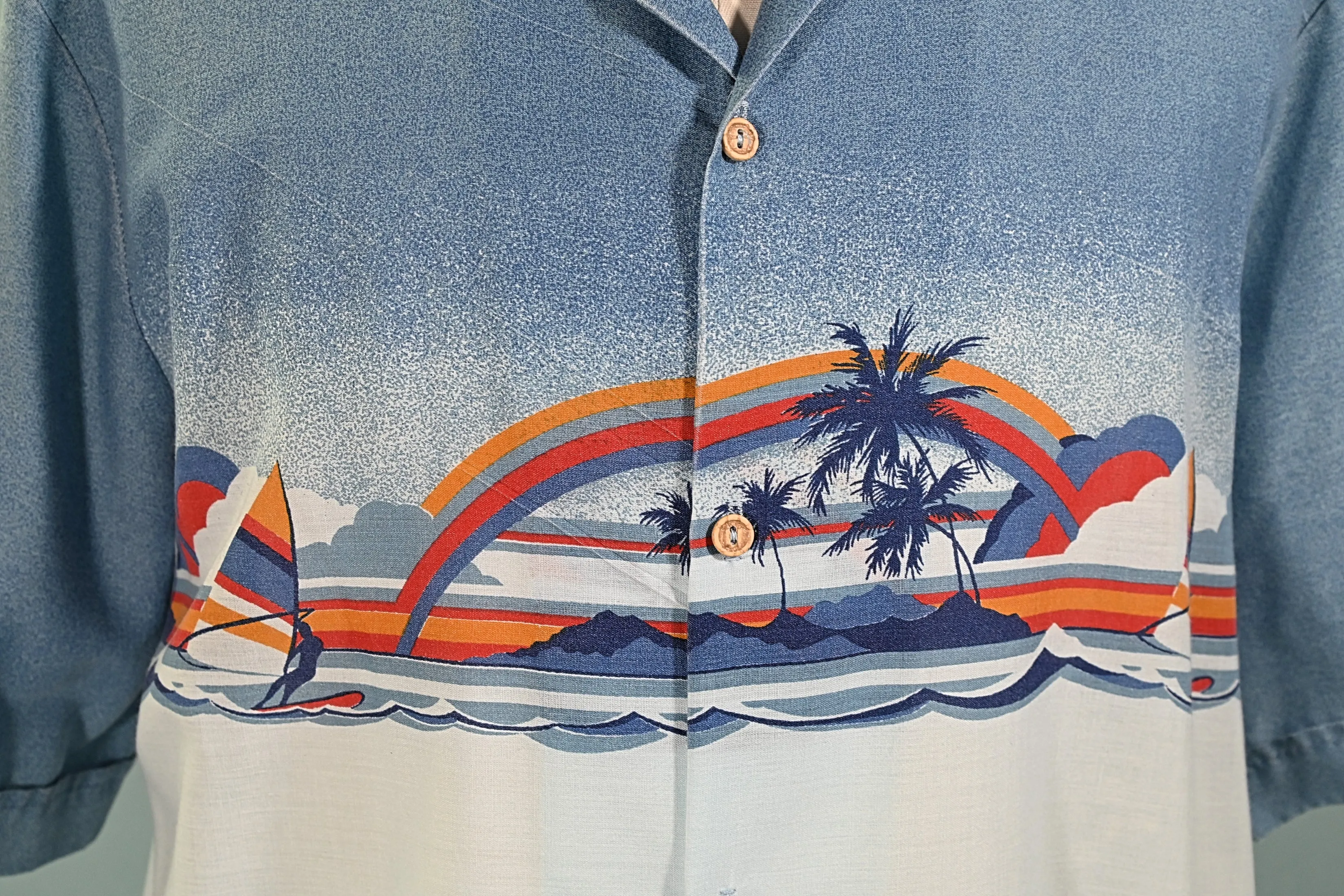 PJ Hawaii Vintage 70s Silhouette Aloha Shirt, Surfing Sailing Rainbows, Pictorial Hawaiian Shirt XL