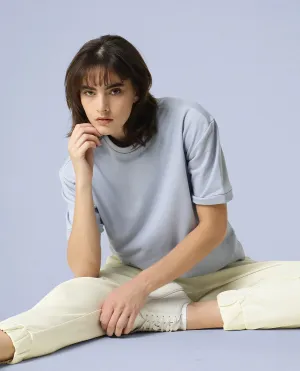 Rareism Women Coco Light Blue Cotton Fabric Half Sleeves Relaxed Fit Solid Round Neck Sweat Tee