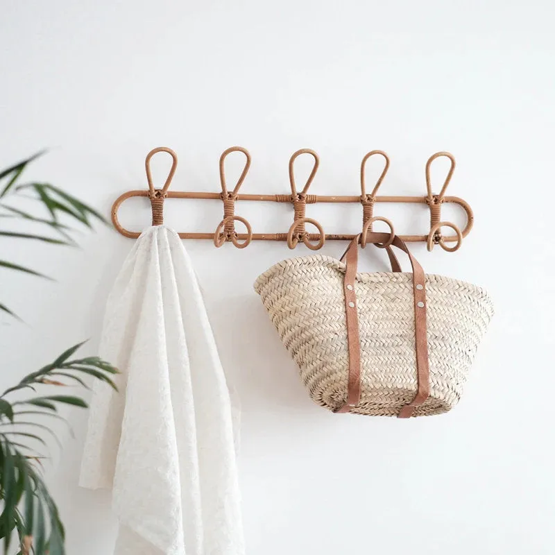 Rattan Hanging Wall Hooks Shelf - Coat Rack Bathroom Towel Hanger Bedroom - Boho Hat Kids Clothes Entryway  Organizer - Kids Room Home Decor
