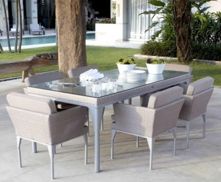 Skyline Design Brafta Silver Walnut Rattan Six Seat Rectangular Garden Dining Set