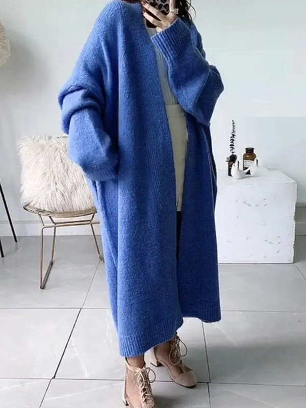 Urban Simple Loose Solid Color Knitting Cardigan Coat BLUE