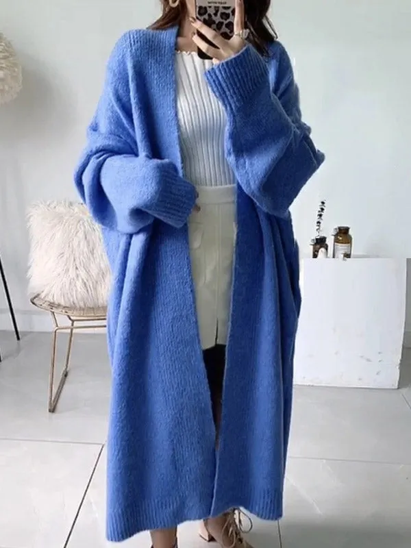 Urban Simple Loose Solid Color Knitting Cardigan Coat BLUE
