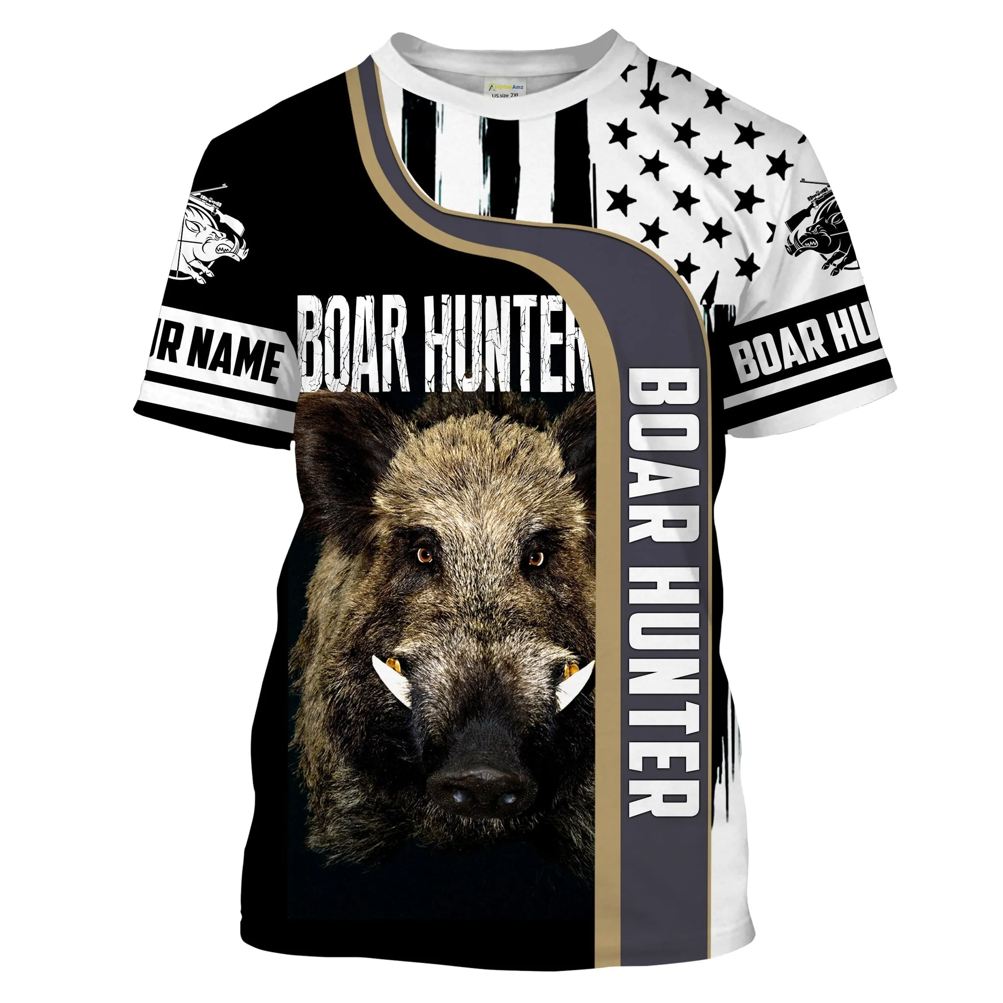 Wild Boar Hunting American Flag Custom Name 3D Full Printing Shirts, Personalized Hunting Long Sleeve Gifts