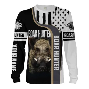 Wild Boar Hunting American Flag Custom Name 3D Full Printing Shirts, Personalized Hunting Long Sleeve Gifts