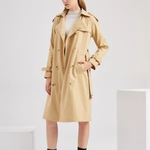 Women double breasted waist belt long sleeve trench coat