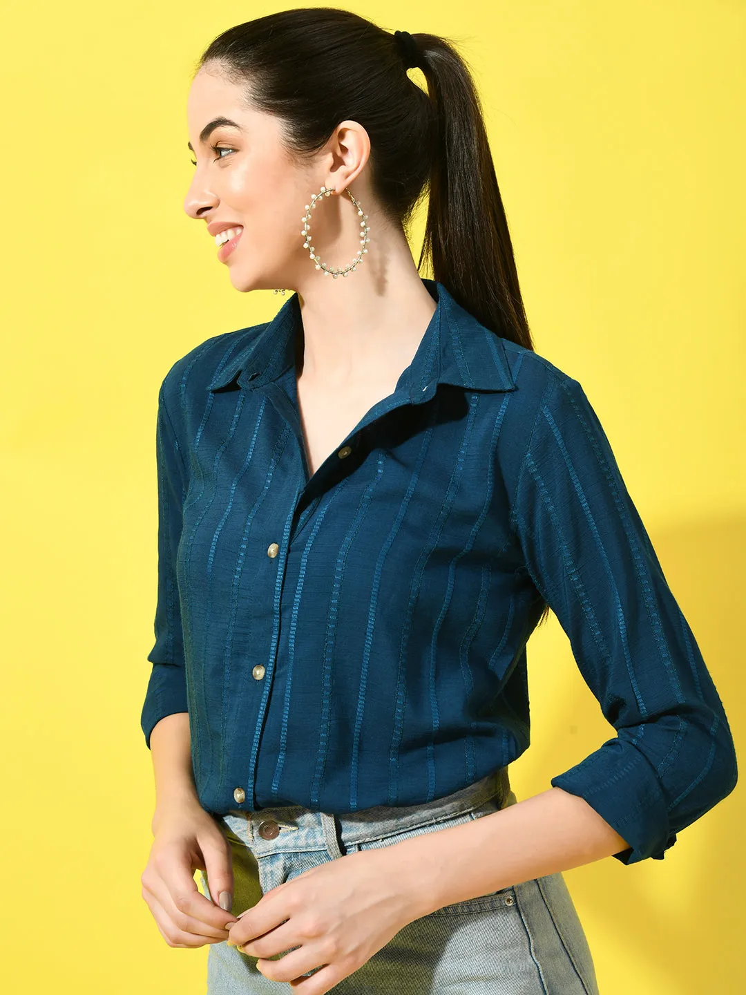 Women's Vertical Striped Blue Shirt